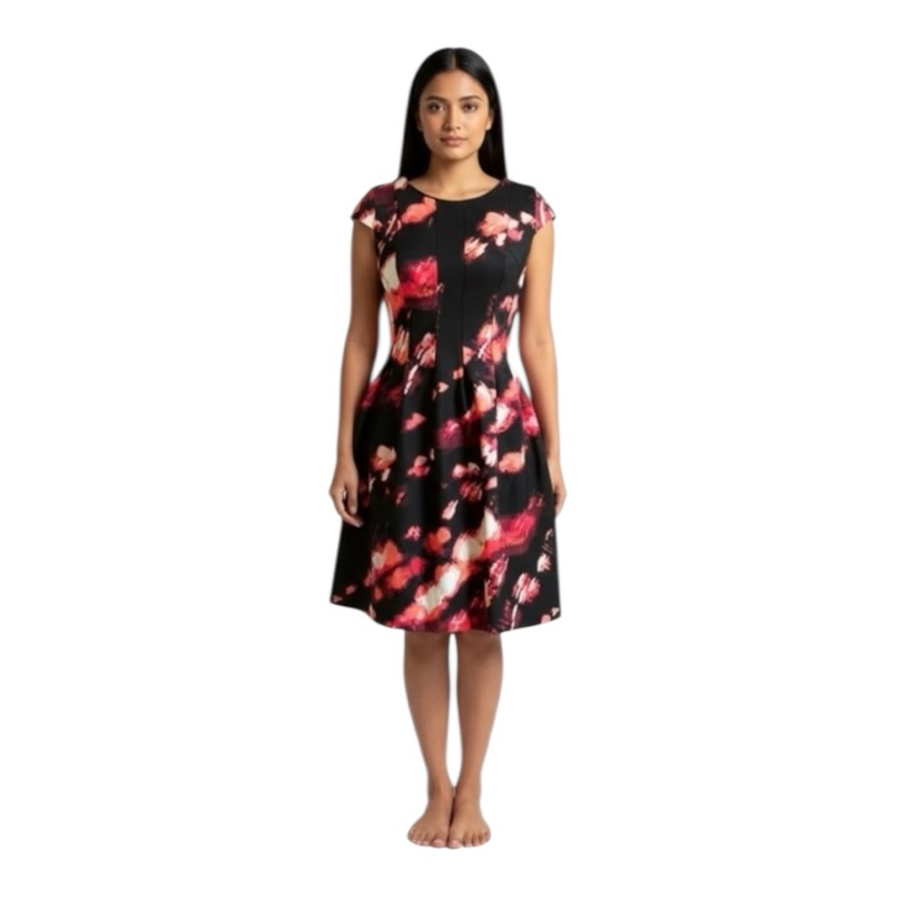 Calvin Klein Scuba Dress – Size 6P | Pleated Round Neck | Cap Sleeve | Pockets